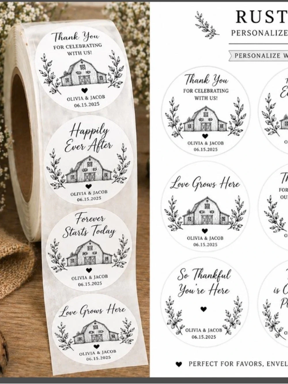 500 Rustic Barn Bridal Wedding Stickers Customized